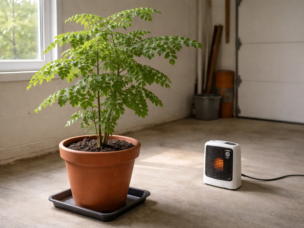 Container moringa plant inside a garage near a window with a small visible heater for winter protection.