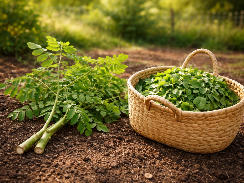 Fresh moringa leaf harvest in a warm North Carolina garden, with pruned branches and a basket of leaves.
