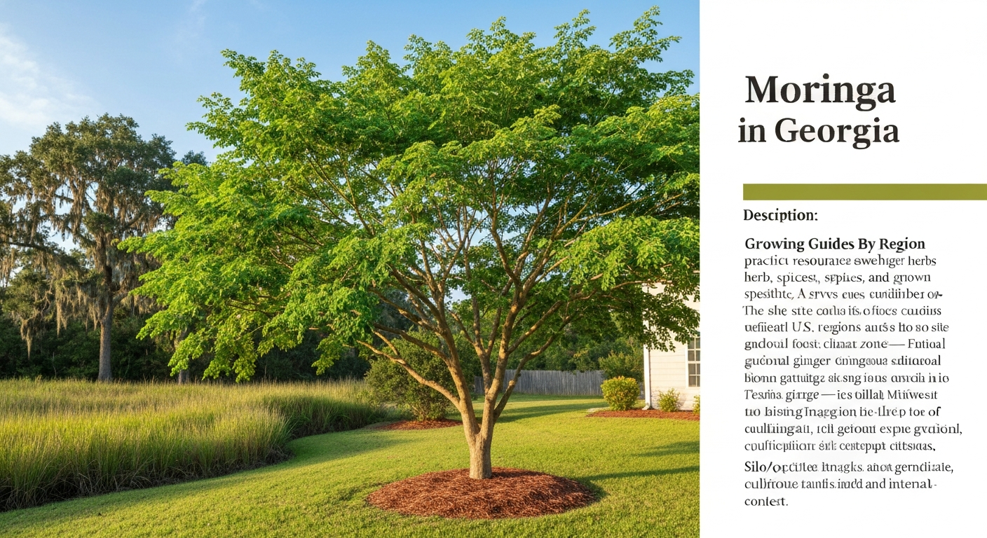 Mature moringa tree growing in a sunny Georgia backyard with mulch at the base and coastal vegetation in the background.