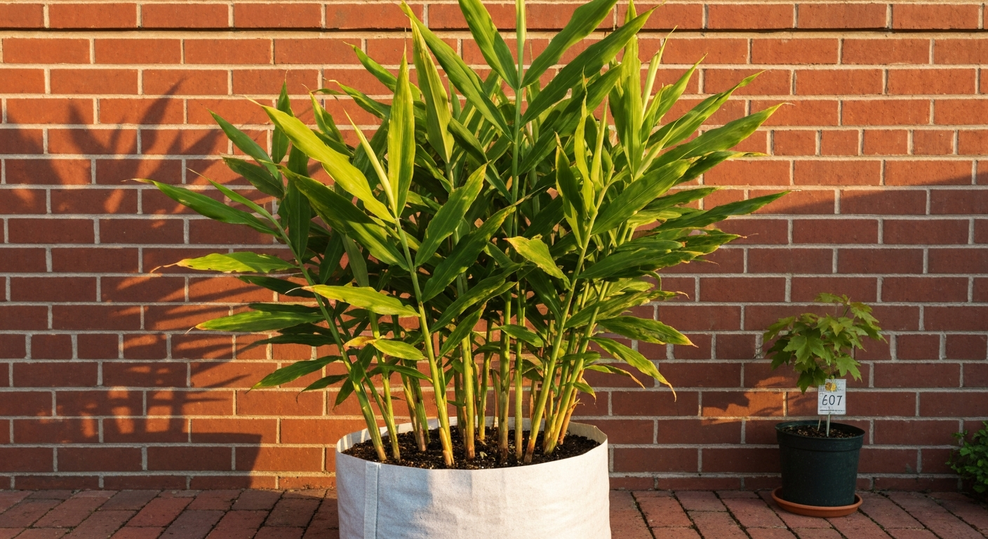 Photorealistic image of a healthy ginger plant in a wide fabric pot on a sunlit south-facing brick patio, with lush green foliage and warm summer light.