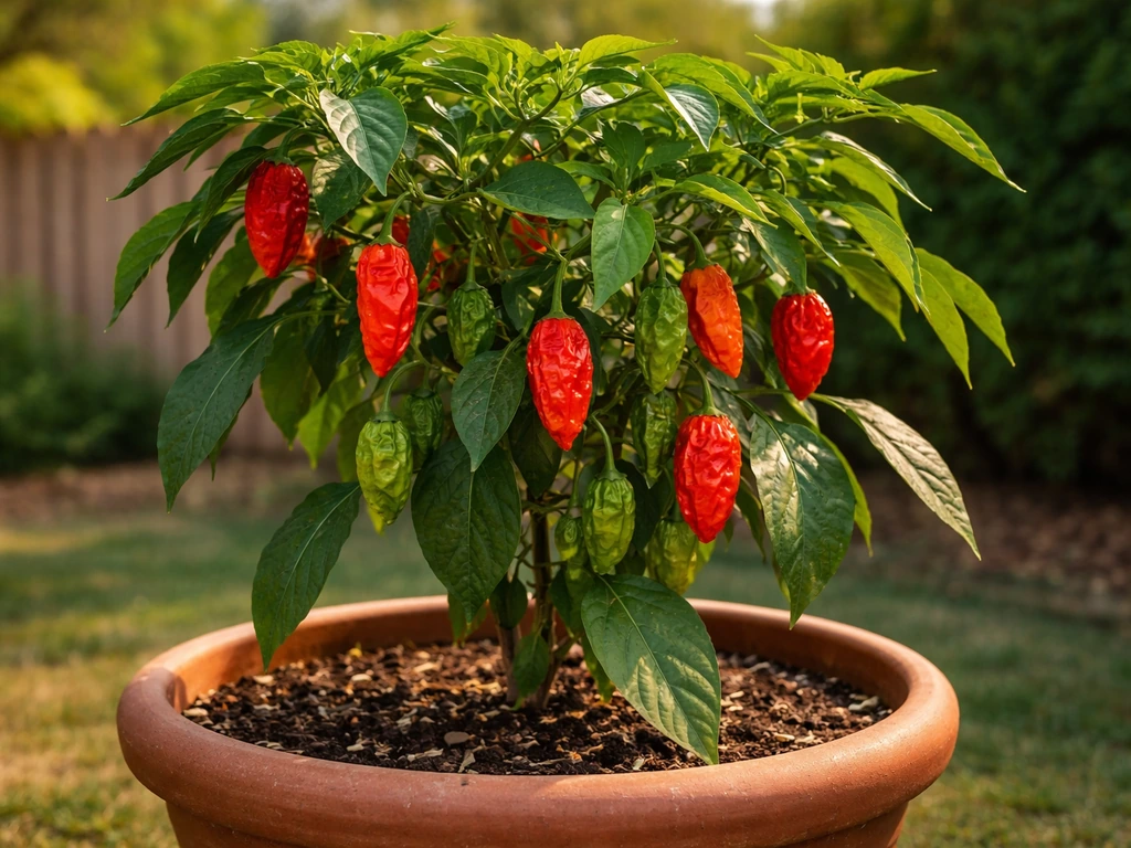 A ghost pepper plant with several ripe pods growing in a warm sunlit container garden