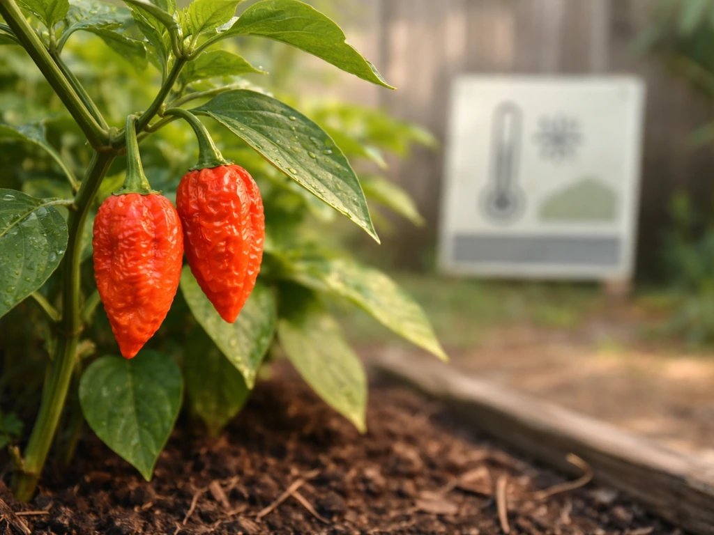 Ghost pepper plant with an out-of-focus yard sign suggesting regional frost-free days feasibility.