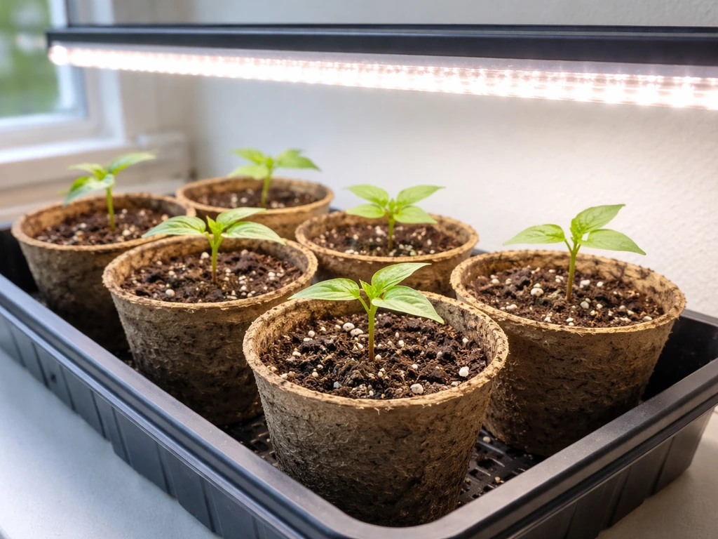 Close-up of ghost pepper seedlings near a glowing grow light, showing they’re kept a few inches away.