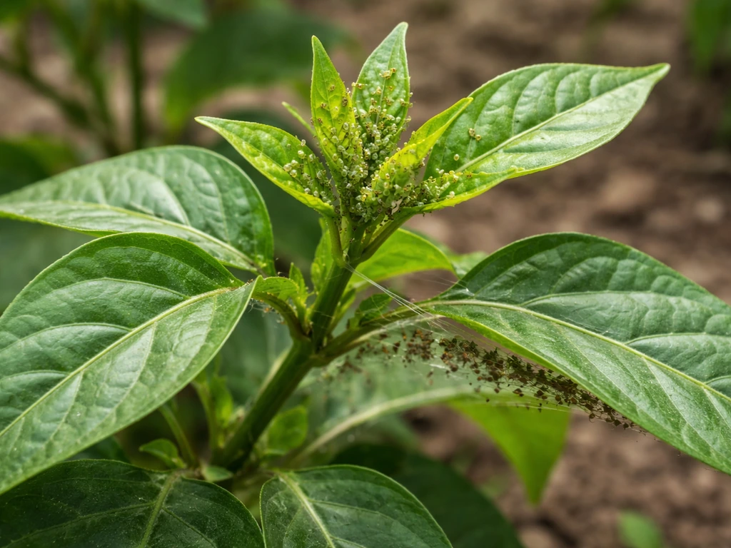 Close-up of ghost pepper plant leaves showing aphids on new growth and spider mite webbing.