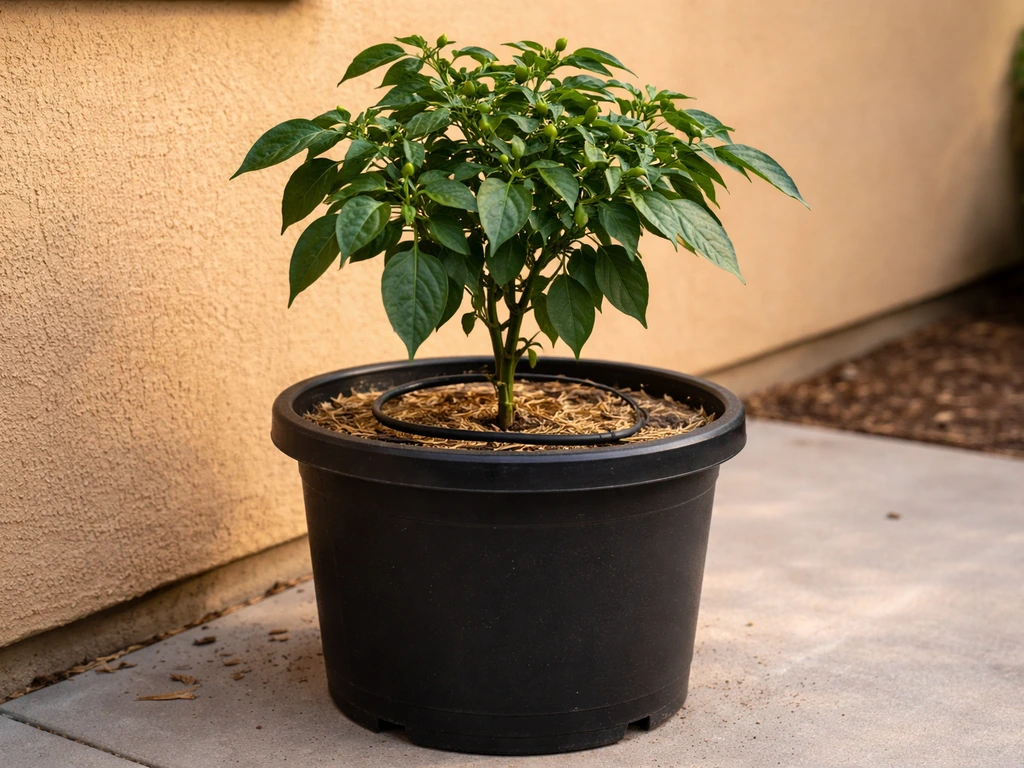 Ghost pepper plant in a 7-gallon pot with mulch and drip watering beside a warm outdoor wall.