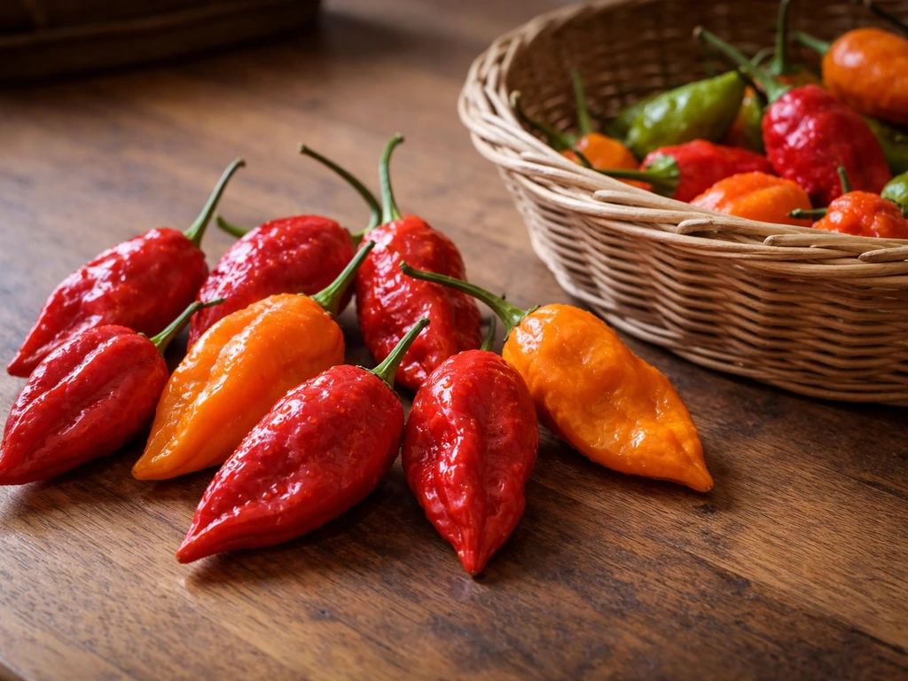 Fully ripe red and orange ghost peppers beside a simple storage basket with dark, dry stems.