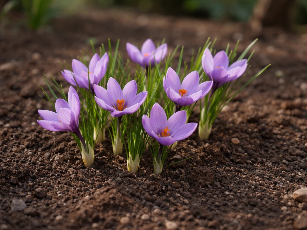 Purple Crocus sativus flowers emerging from dark, well-drained garden soil in a simple outdoor bed.