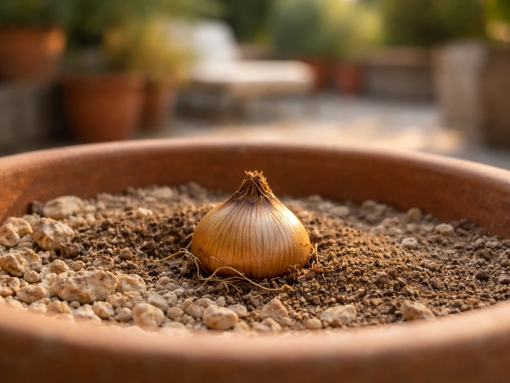 Crocus corm resting in dry gravel in warm summer light, suggesting dormancy underground.