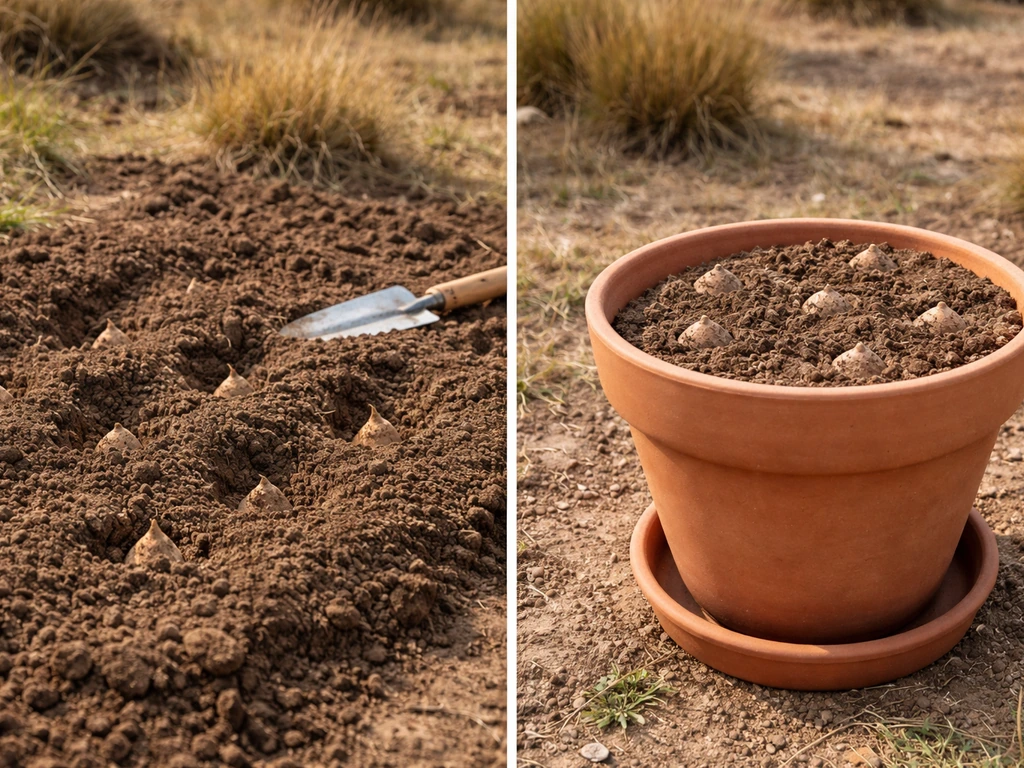 Side-by-side soil bed and terracotta pot showing saffron corms planted at shallow depth.