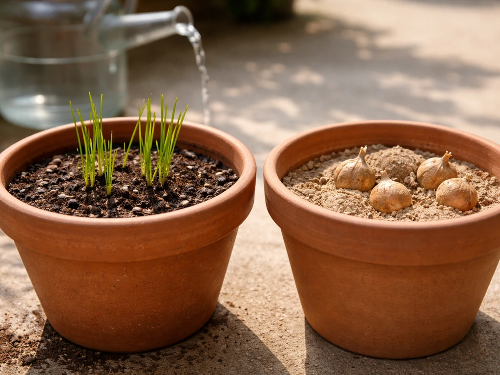 Two saffron pots side by side: moist active growth soil vs dry dormant soil with light watering can.