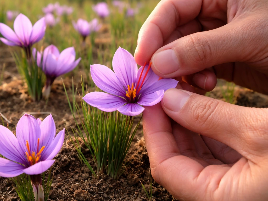 Close-up of hands pinching the red saffron stigmas from small lilac-purple flowers.