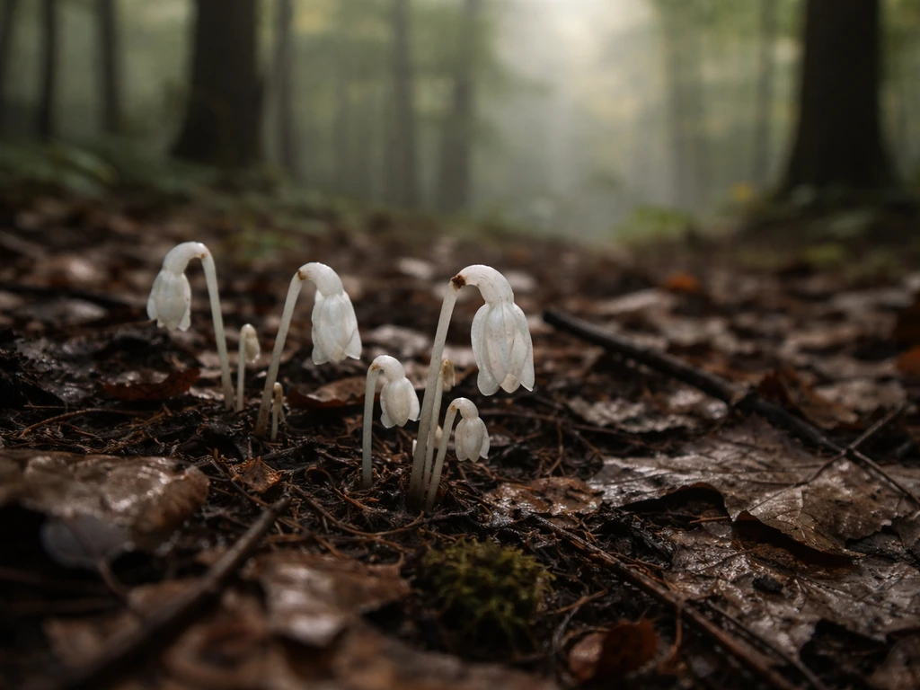 Moody Indiana forest floor with white ghost pipe-like nodding flowers emerging from leaf litter.