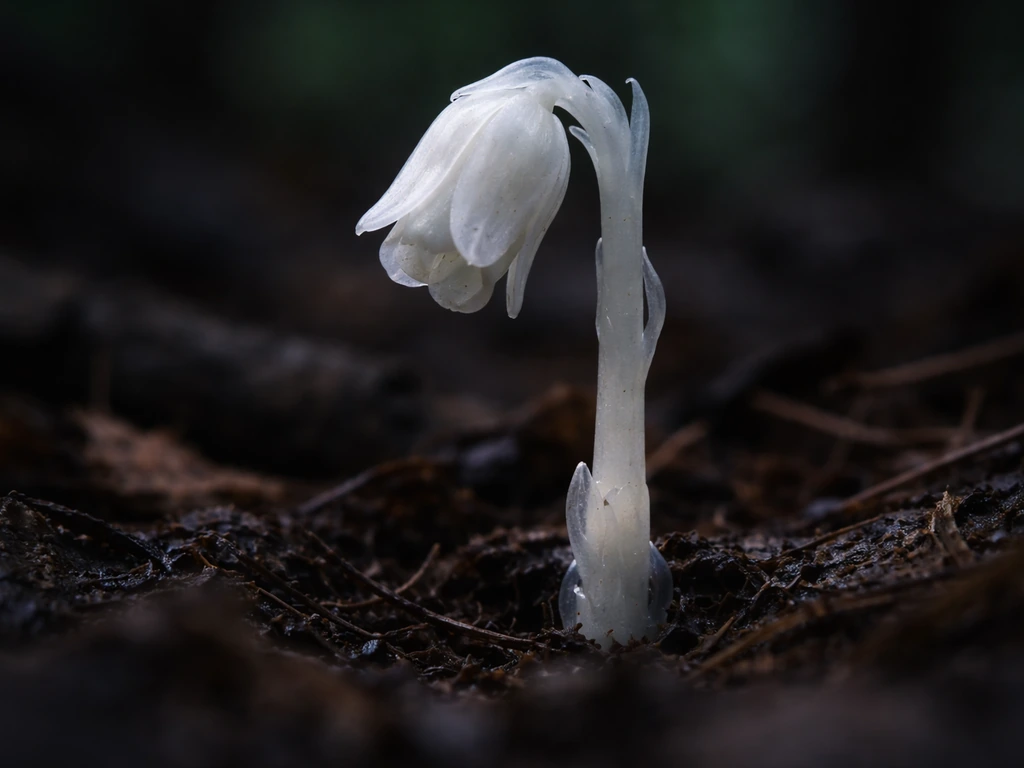 Close-up of a ghost pipe plant with a single nodding white flower on a dark forest floor.