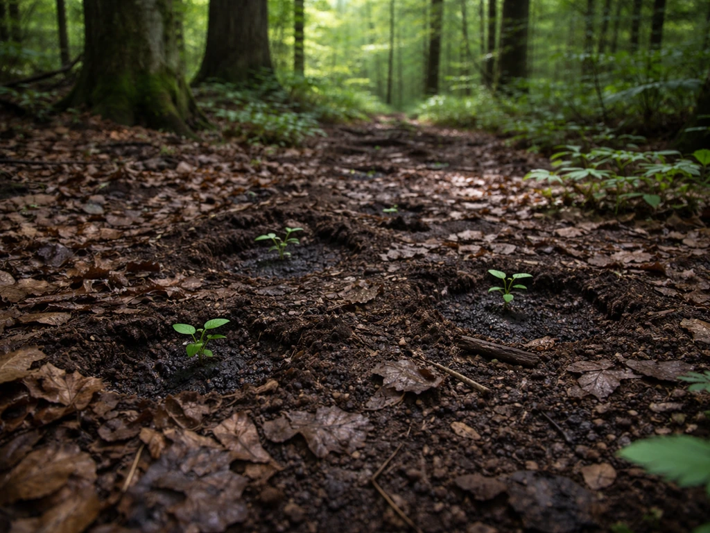 Shaded forest floor planting setup with leaf mold and deep woodland bed, showing difficult conditions for ghost pipe