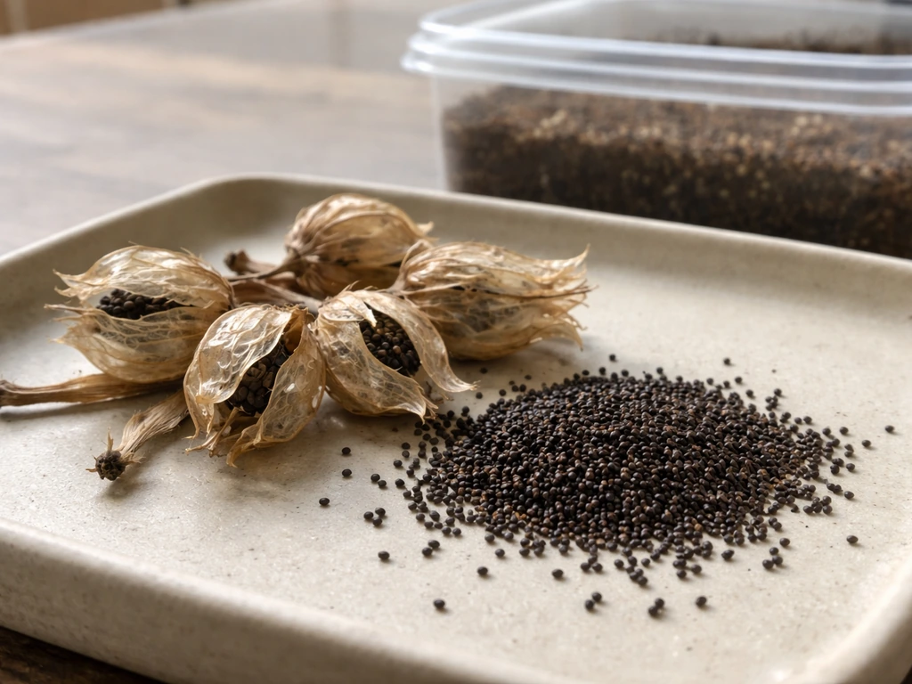 Close-up of ghost pipe seed pods and small propagation container with seed-starting medium.
