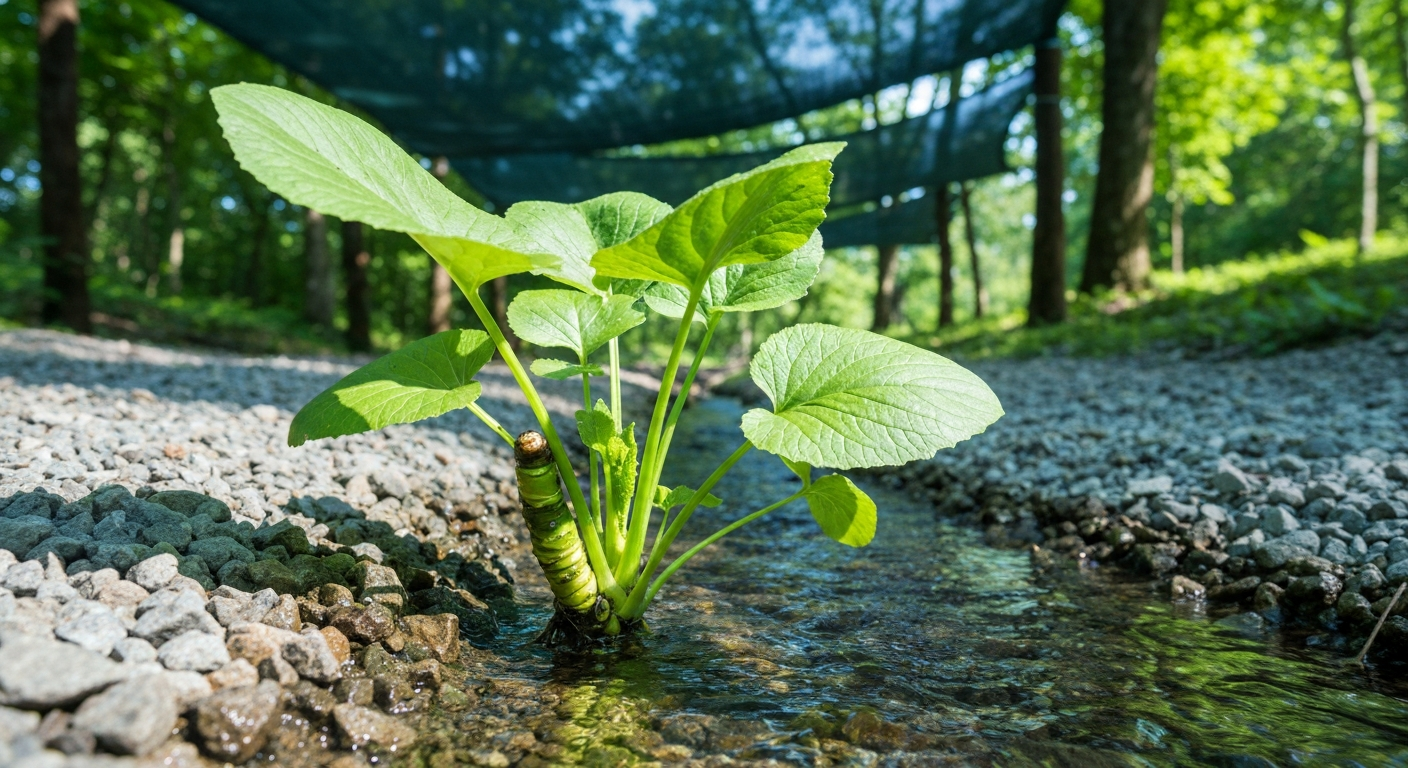 True wasabi plant (leaves and rhizome) growing in a shaded gravel rill with cool flowing water.