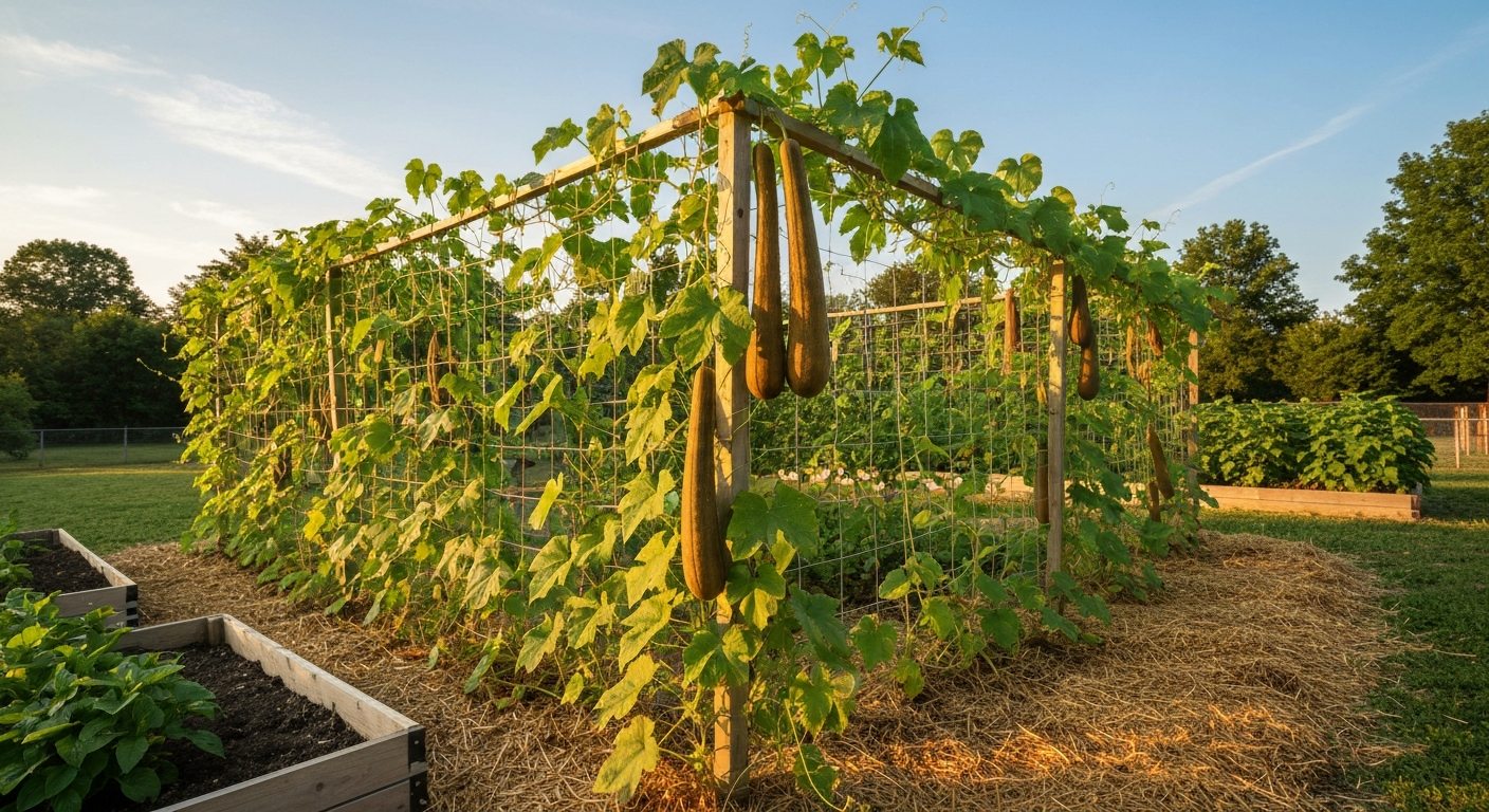 Mature luffa vines on a sturdy trellis in a Michigan backyard, with brown sponge-ready gourds hanging in warm late-summer light.