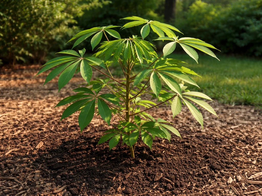 Healthy cassava plant growing in a warm southern US garden bed under bright natural light.