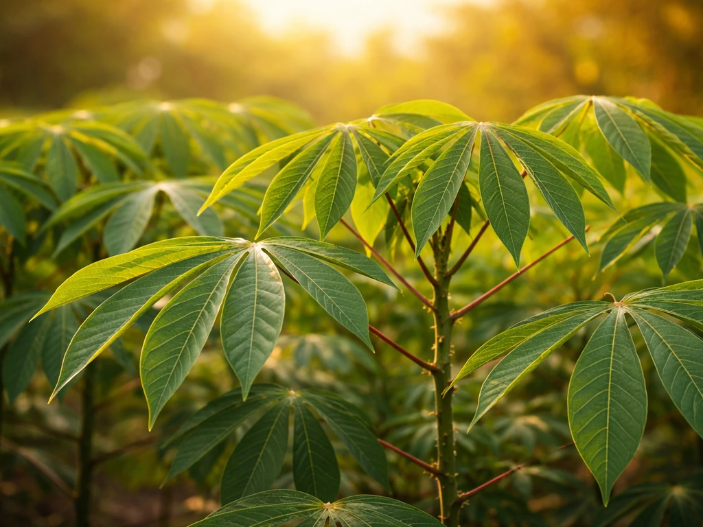 Close-up of lush cassava leaves in warm sunlight, suggesting thriving tropical conditions