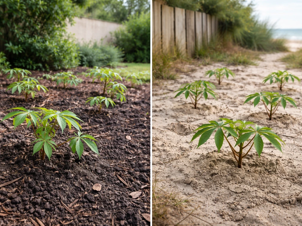 Split scene showing cassava planted in Florida soil versus cassava in a Gulf Coast sandy coastal yard.