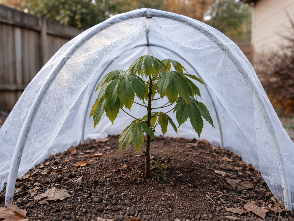 Cassava in a home garden covered with a low tunnel frost cloth during cold weather