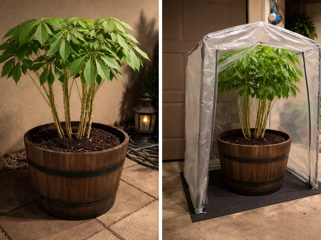 Cassava in a large 15–20 gallon barrel pot with a simple indoor/covered overwintering setup.