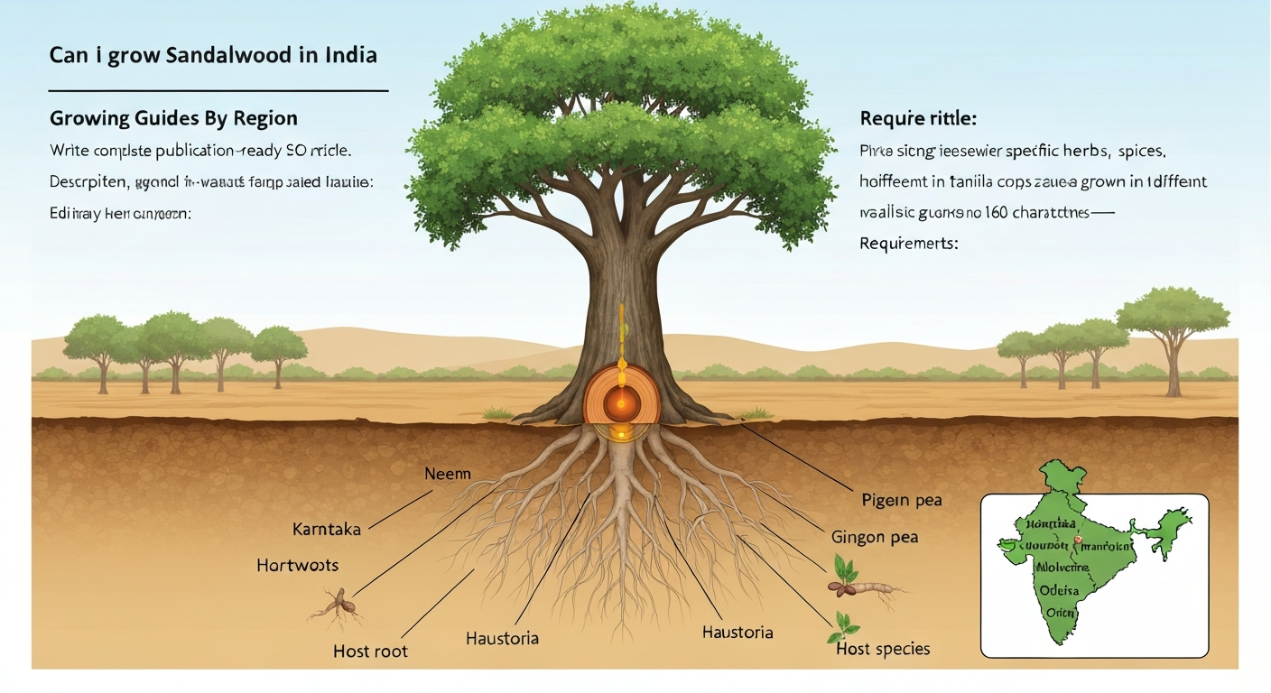 Illustrated cross-section of an Indian sandalwood tree showing heartwood in the trunk and haustoria connecting sandalwood roots to nearby host roots; inset map highlights suitable Indian states.