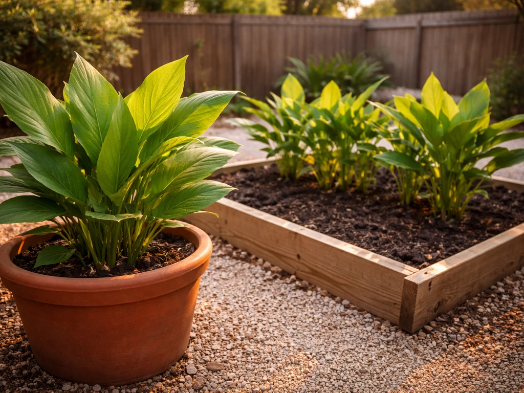 Turmeric plants thriving in both a container and an in-ground bed in a sunny Texas backyard.