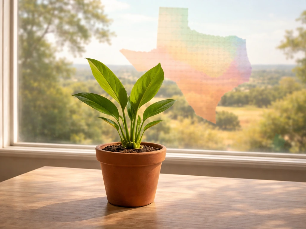 Turmeric plant in a pot with a subtle, non-text map-like background suggesting Texas zone differences