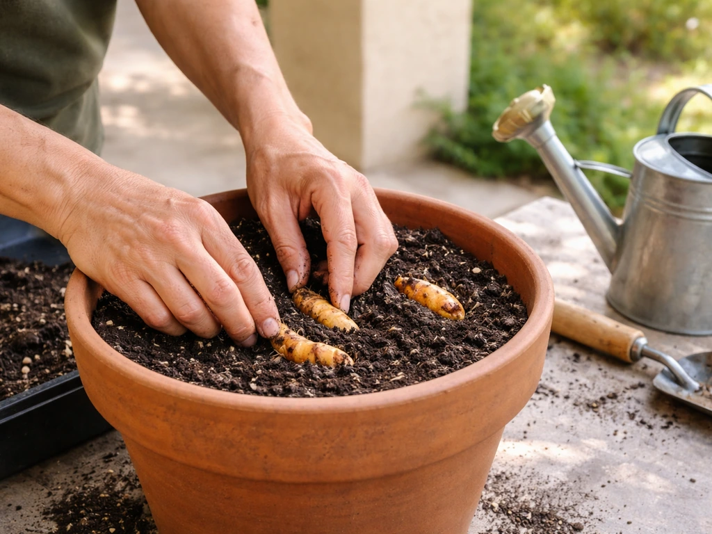Gardener in Texas prepping a pot of soil for pre-sprouting turmeric rhizomes on a sunny porch.