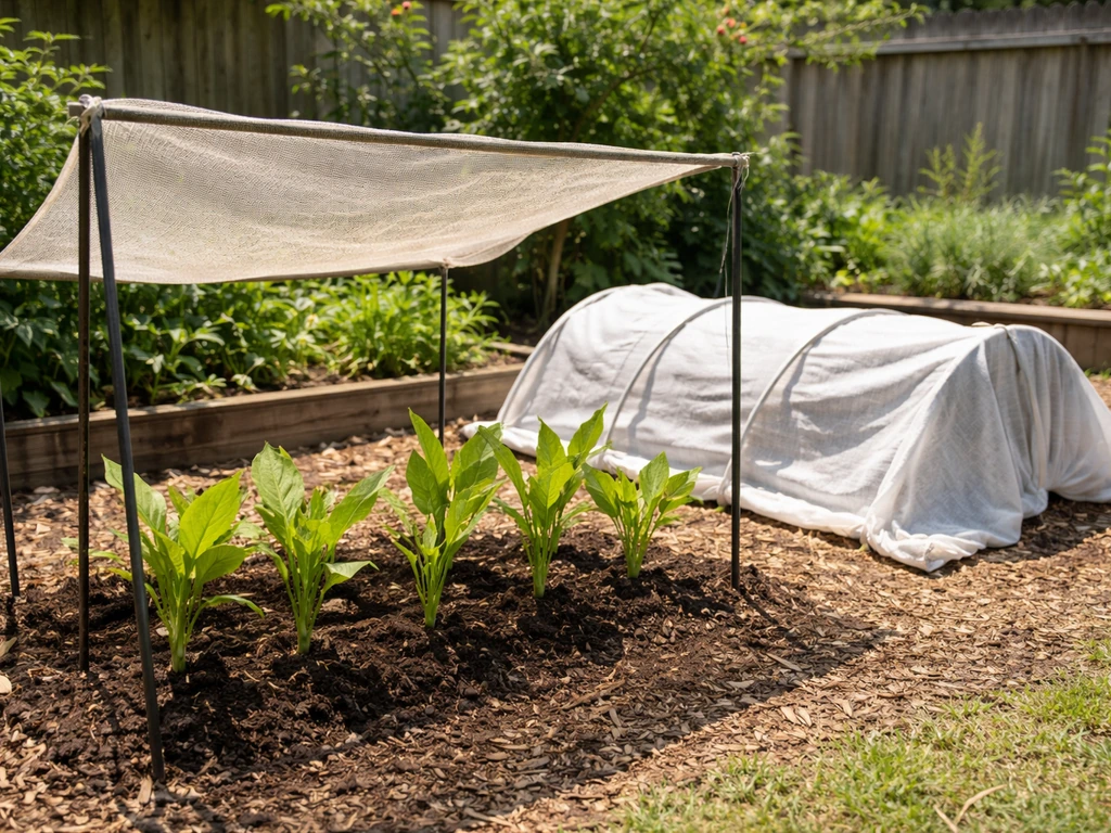 Young turmeric plants under shade cloth with a frost blanket nearby for cold protection.