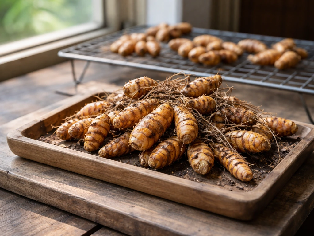 Turmeric rhizomes on a wooden tray with browned foliage, with more drying on a rack in the background.