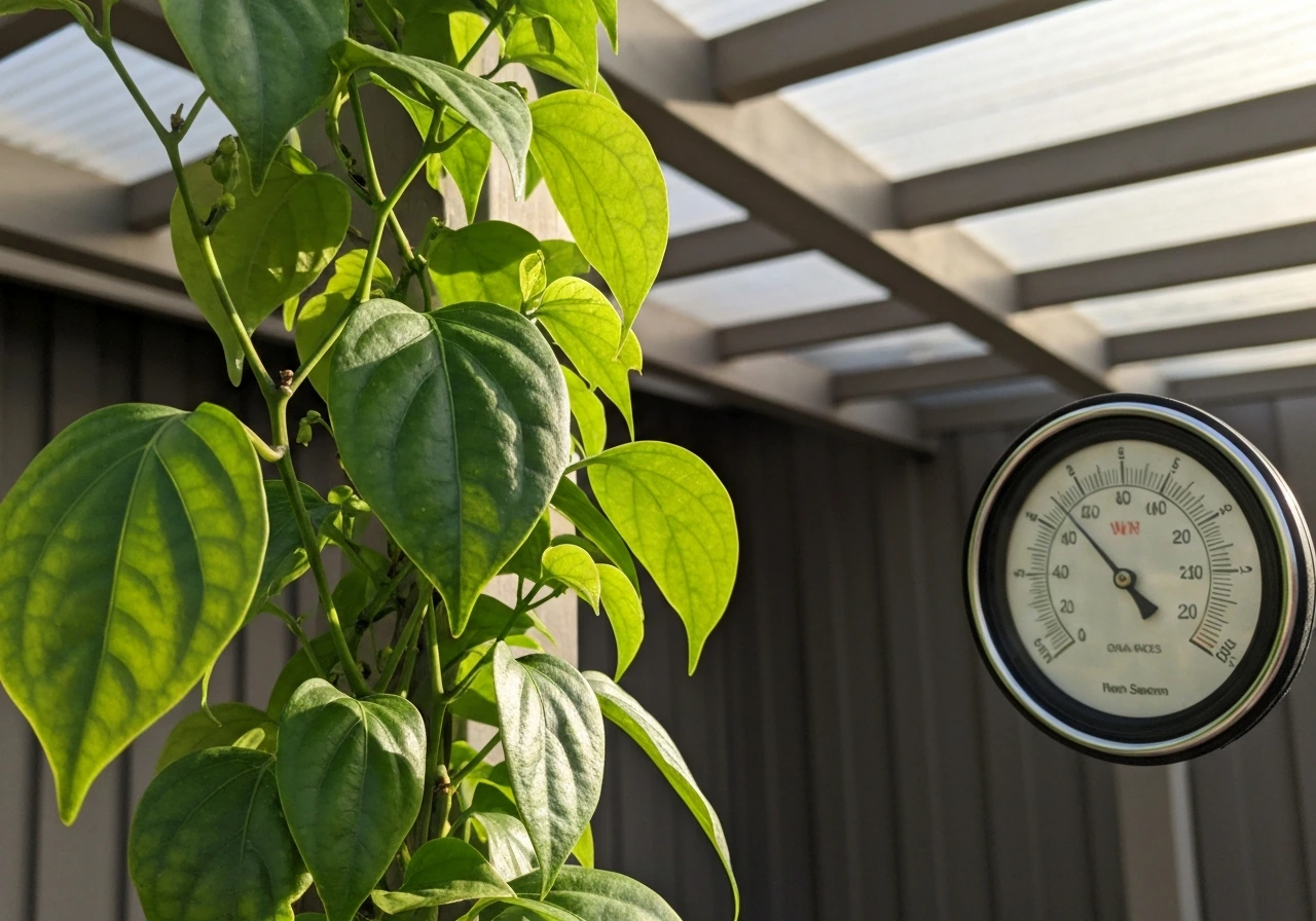 Close-up of glossy black pepper vine leaves on a protected outdoor trellis beside a warm-range thermometer dial