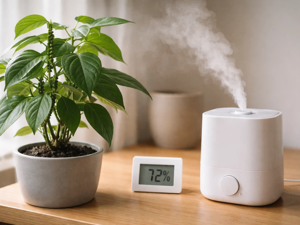 Black pepper plant beside a running humidifier with a hygrometer showing 70%+ humidity.