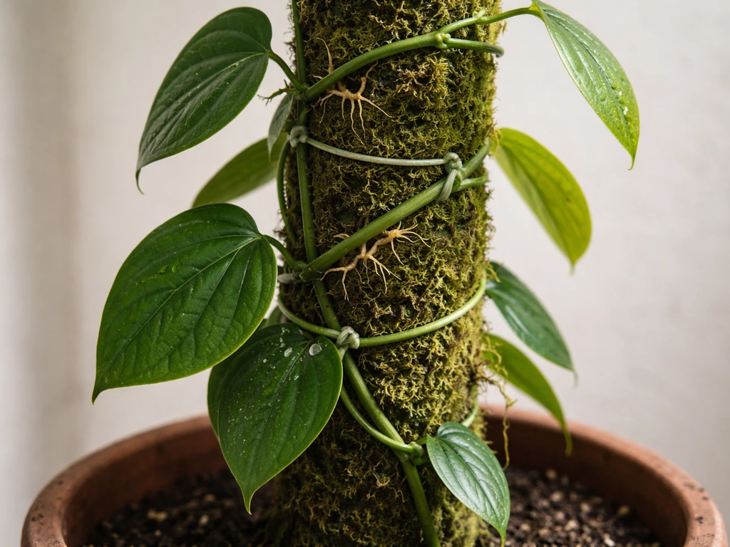 Black pepper vine trained up a moss pole with aerial roots, in a simple indoor plant setup