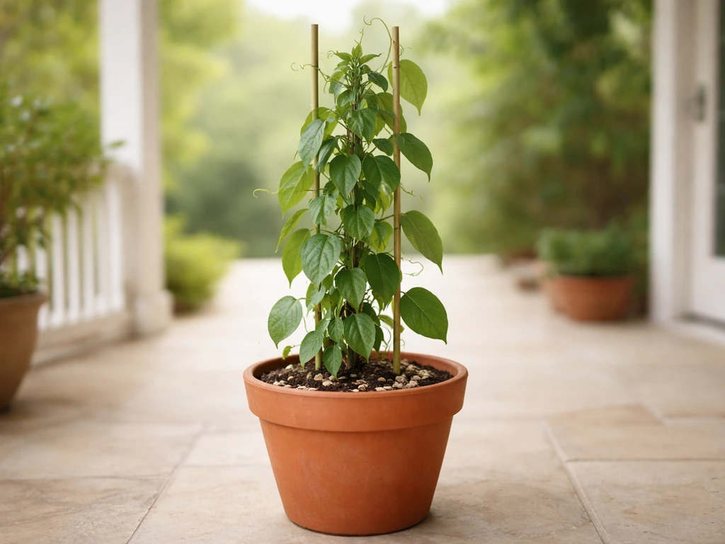A green climbing pepper vine in a 10–15 gallon pot on a bright patio with a small trellis.