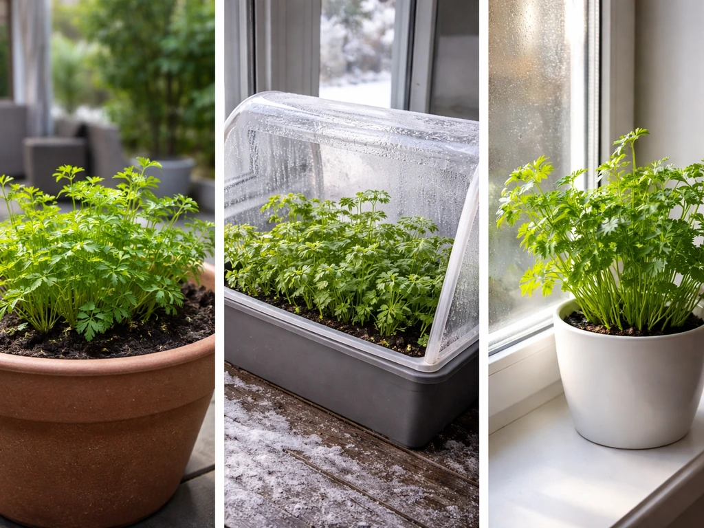 Side-by-side photos of outdoor, sheltered container, and indoor pot setups for the same herb plant.