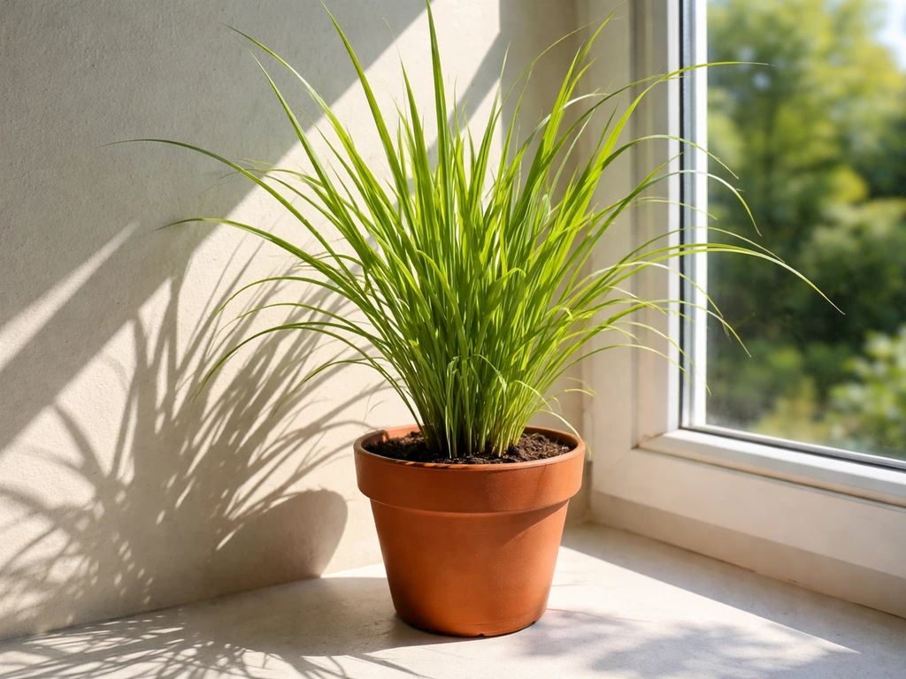 Lemongrass in a terracotta pot on a bright windowsill with strong sunbeam and sharp shadows.
