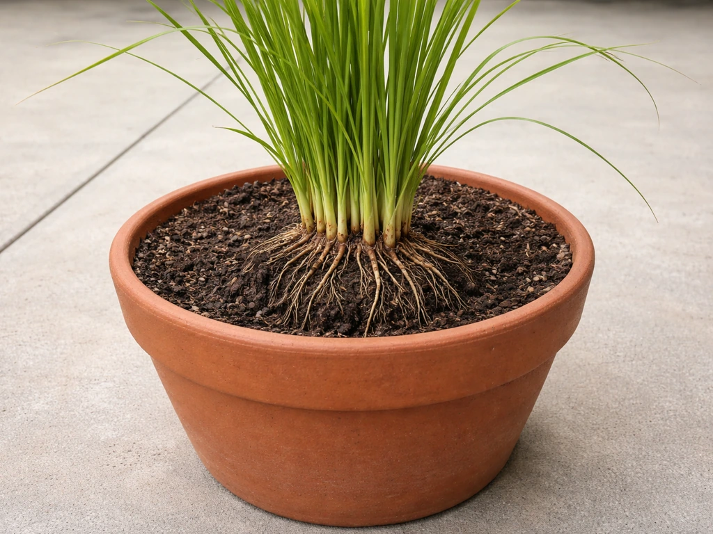 Lemongrass in a large pot with roots partially loosened, showing healthy root mass and avoiding root-bound stress.