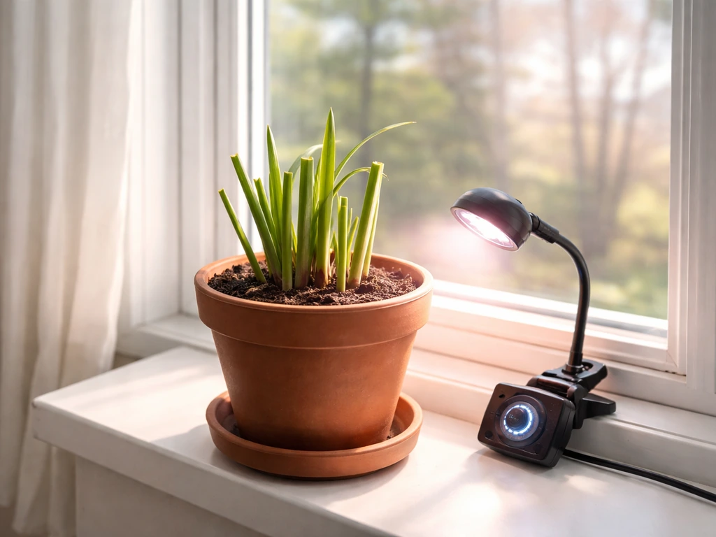 Pruned lemongrass pot by a bright window with a grow light on a timer, showing overwintering setup.