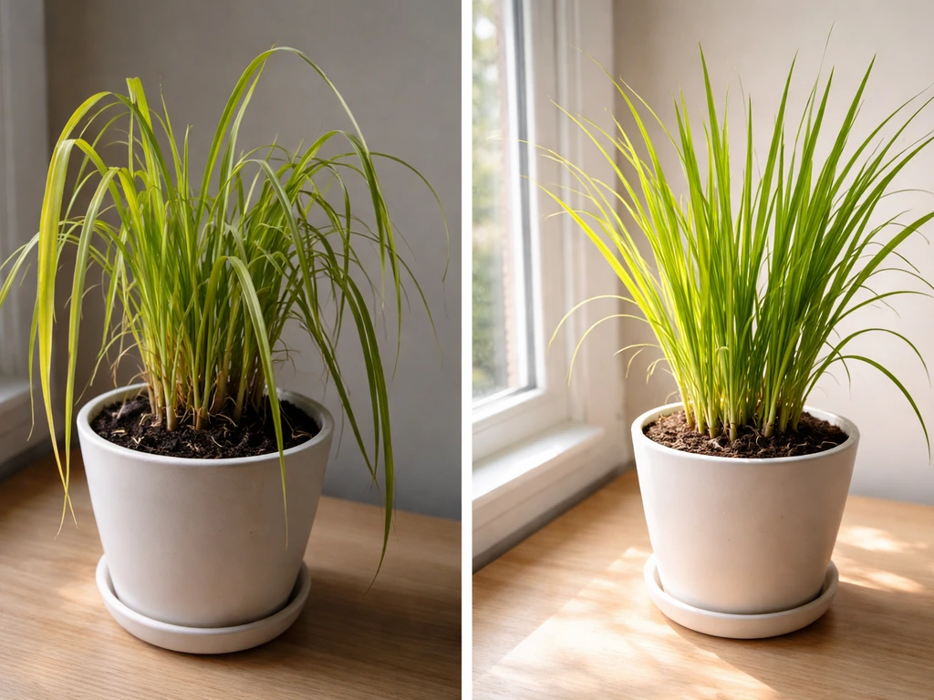 Split photo showing an indoor lemongrass plant with yellowing leaves beside a healthier brighter one.