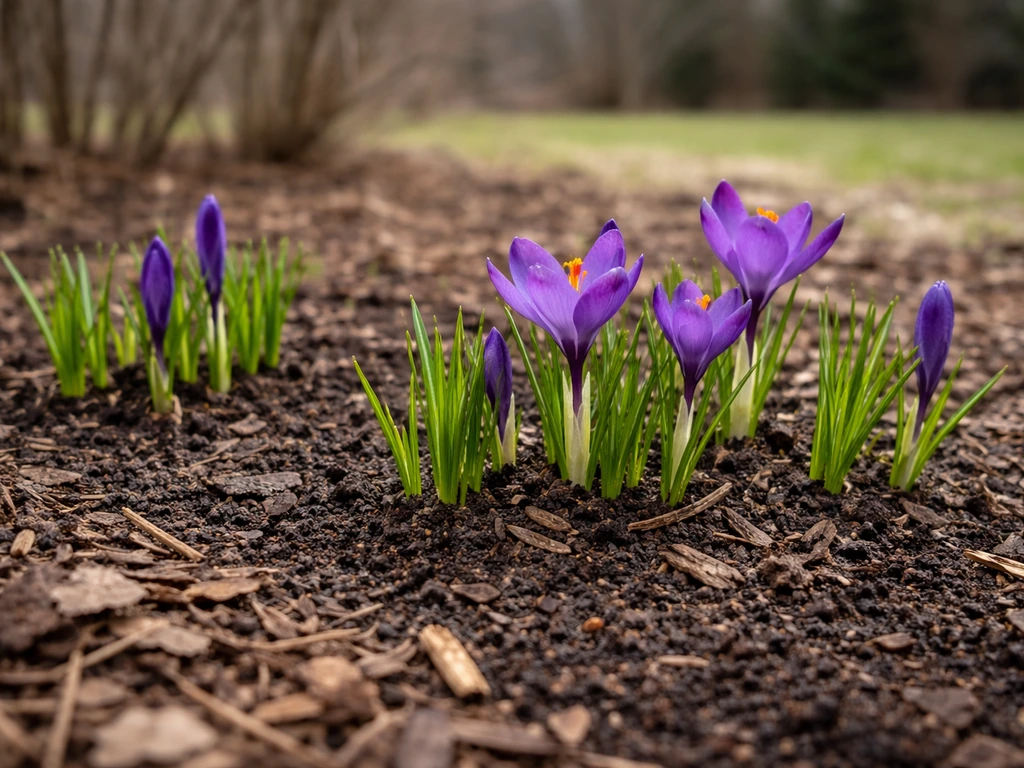 Purple saffron crocus flowers blooming in a Michigan backyard garden bed with emerging green foliage.