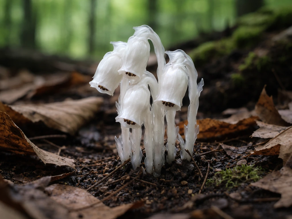 Pale waxy ghost pipe blooms emerging from dark leaf litter in a mature deciduous forest canopy in Michigan.