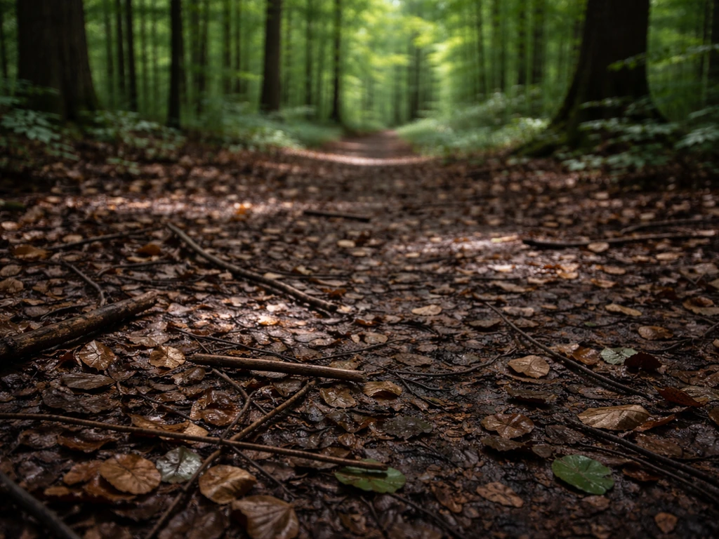Shaded beech–maple forest floor with heavy canopy cover and leaf litter in low light