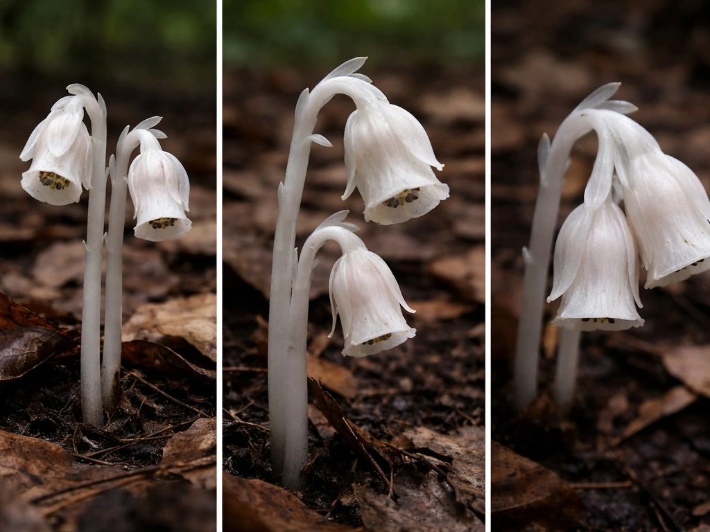Close-up field ID comparison of ghost pipe showing white/pale pink drooping single flowers and smooth stems.