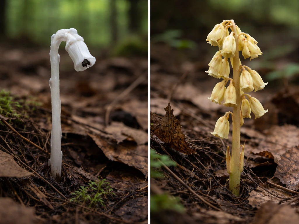 Forest comparison of ghost pipe (single bloom) and pinesap (multiple nodding blooms) side by side.