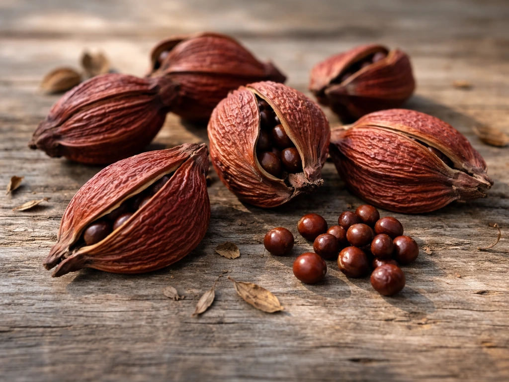 Close-up of fresh red sandalwood seed pods and dark seeds on a simple wooden surface.