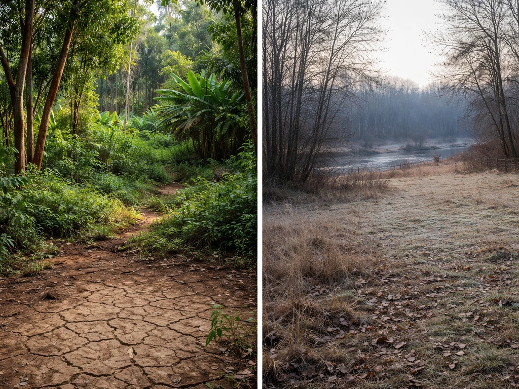 Split image: tropical dry-season plantation garden in India vs a cooler, less suitable temperate landscape in the U.S.