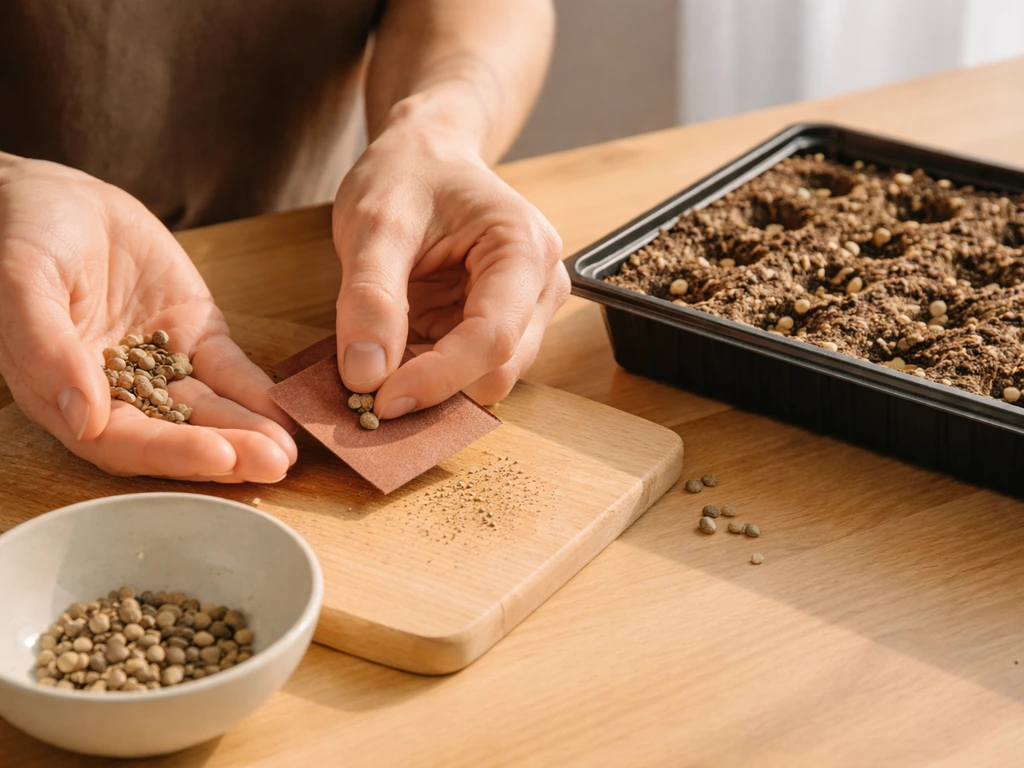 Hands scarifying a seed coat over a tray, with treated seeds ready to sow in potting mix.