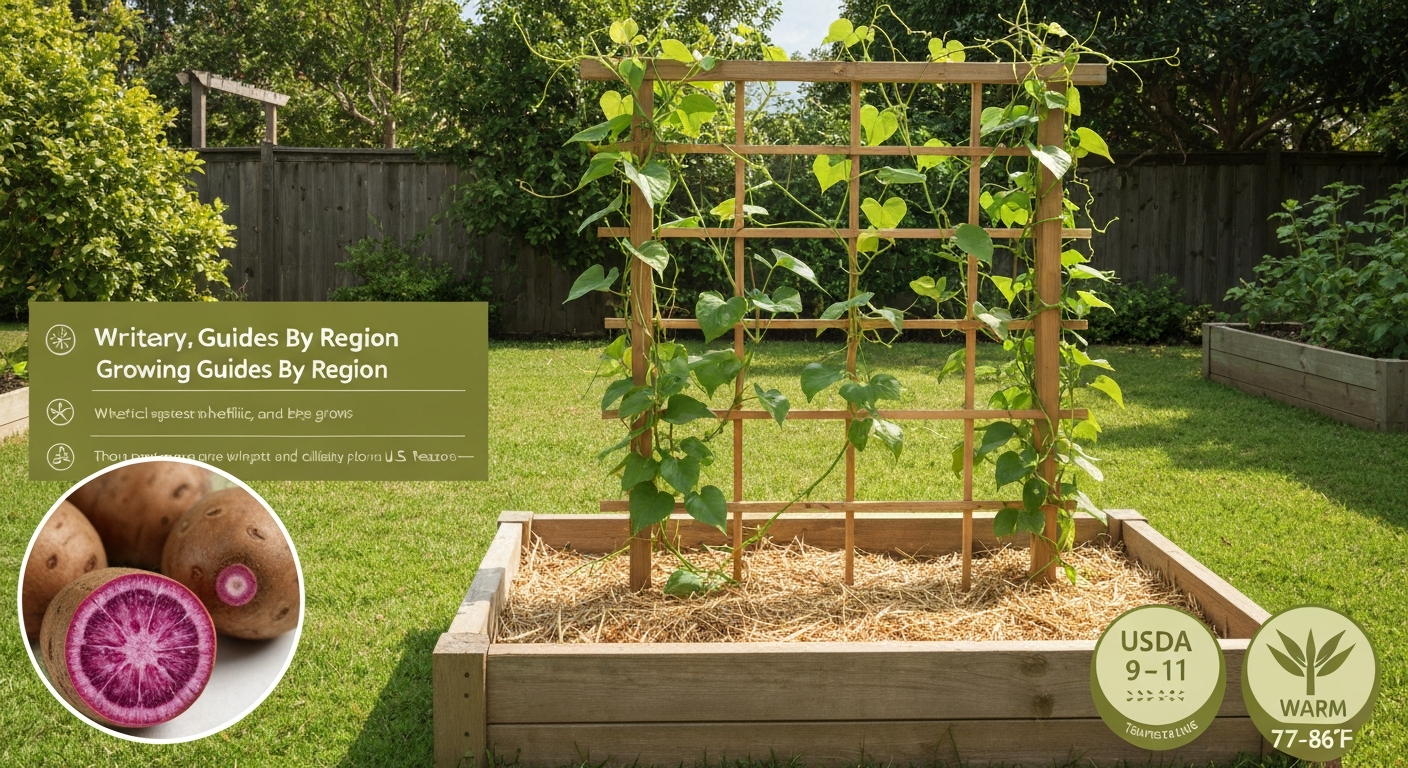 Ube (Dioscorea alata) vine climbing a trellis in a sunny garden with an inset showing a purple tuber cross-section.